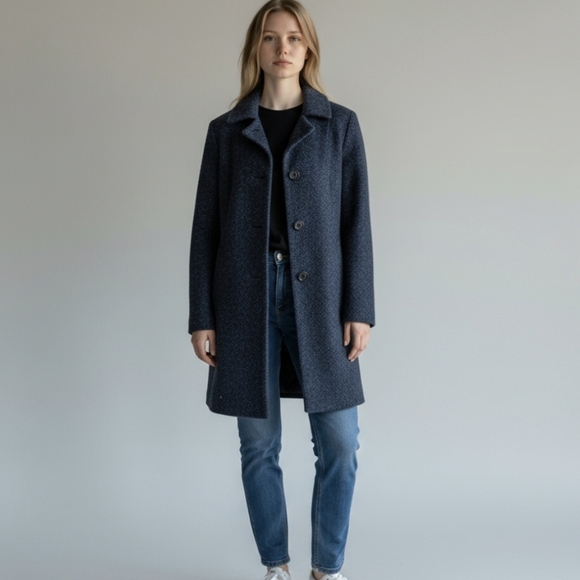 Anne Klein Pea Coat Cobalt Blue Wool Blend Nubby Tweed Full Length Sz S - Picture 1 of 11